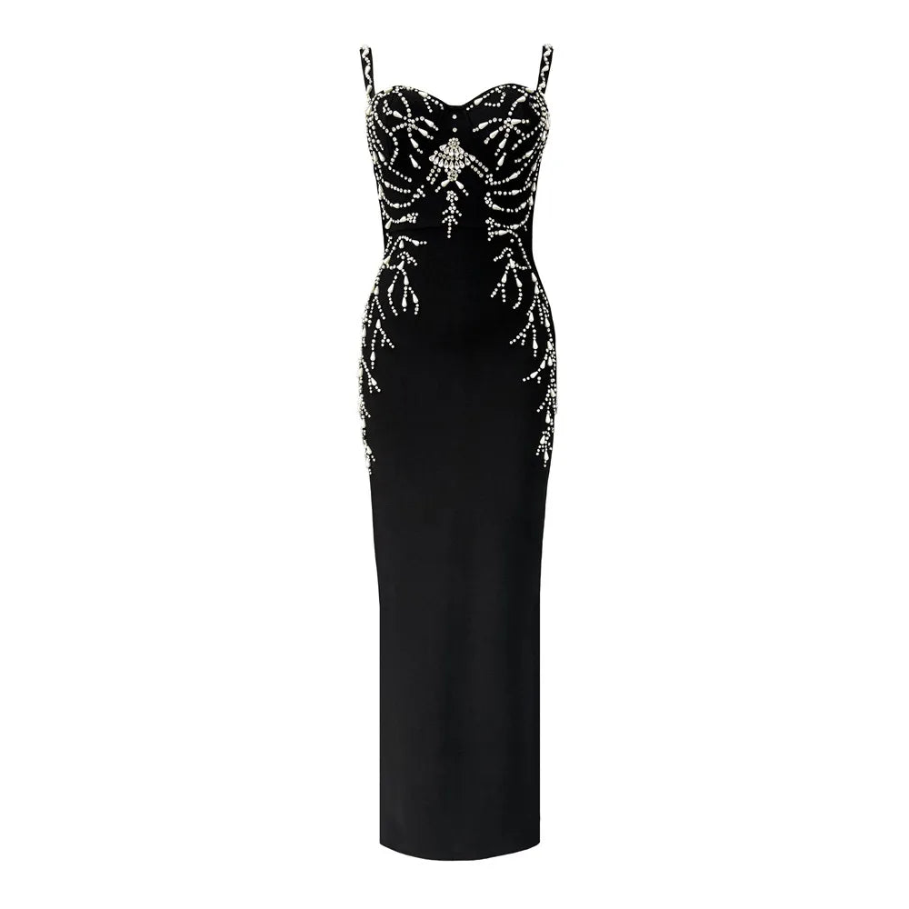 Women Elegant Beading Bandage Dress Spaghetti Strap Bodycon Clothes Club Party Evening Dresses