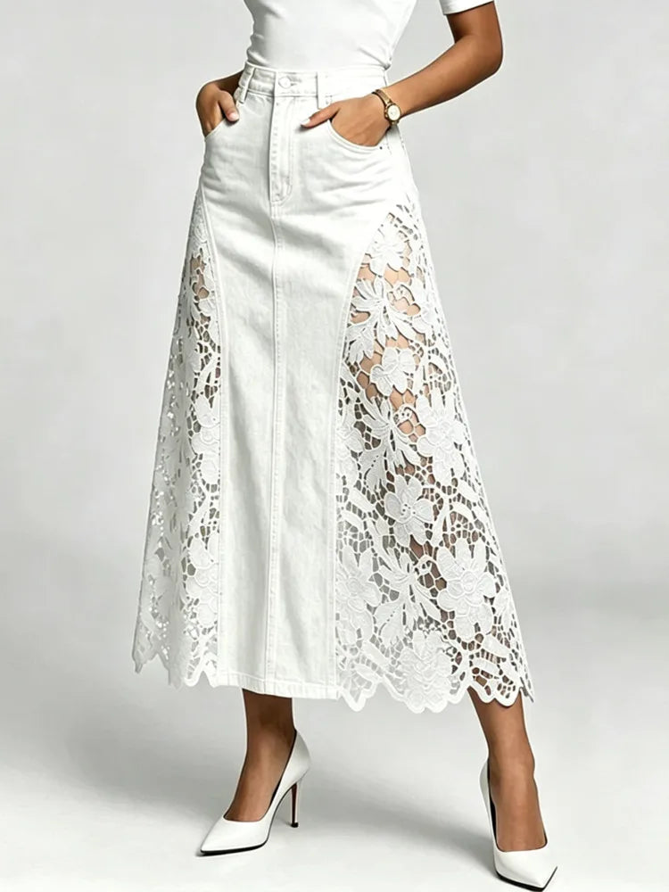 SHENGPALAE Women Denim Midi Skirt High Waist Bodycon Washed Lace Splicing Elegant Casual Floral Hollow Summer 2026 New 05E03125