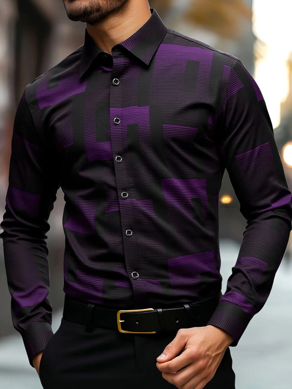 Men's Slim Fit Geometric Print Shirt Machine Washable, Classic Collar & Button-Up Front, All-Season Versatile Office Casual Wear
