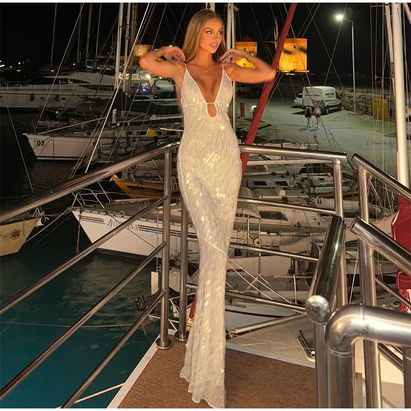 Women Sequin Sling Maxi Dress V-neck Solid Backless High Waist Sleeveless Dresses 2025 Fashion New Summer Lady Party Robes