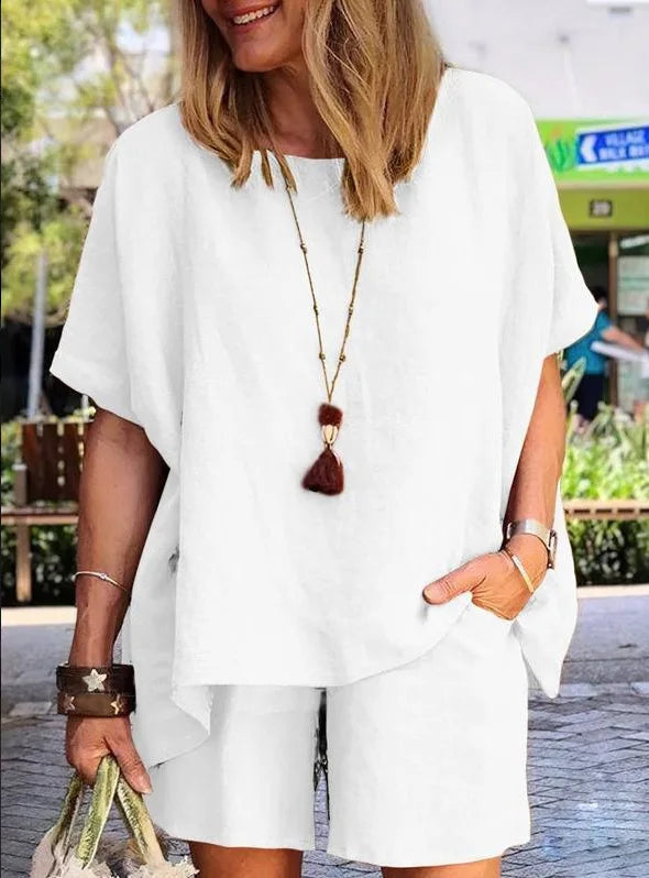 Ladies Shorts Suit Fashionable Summer Women's Elegant Solid Color Pullover Loose Cotton Linen Short Sleeved Shorts Two-piece Set