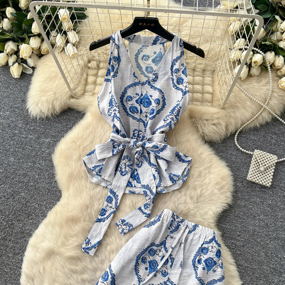 SINGREINY Boho Print Vacation Suits Summer 2026 Sleeveless Lace Up Tank Top+Loose Wide Leg Pant Chic Lazy Casual Women 2pcs Sets