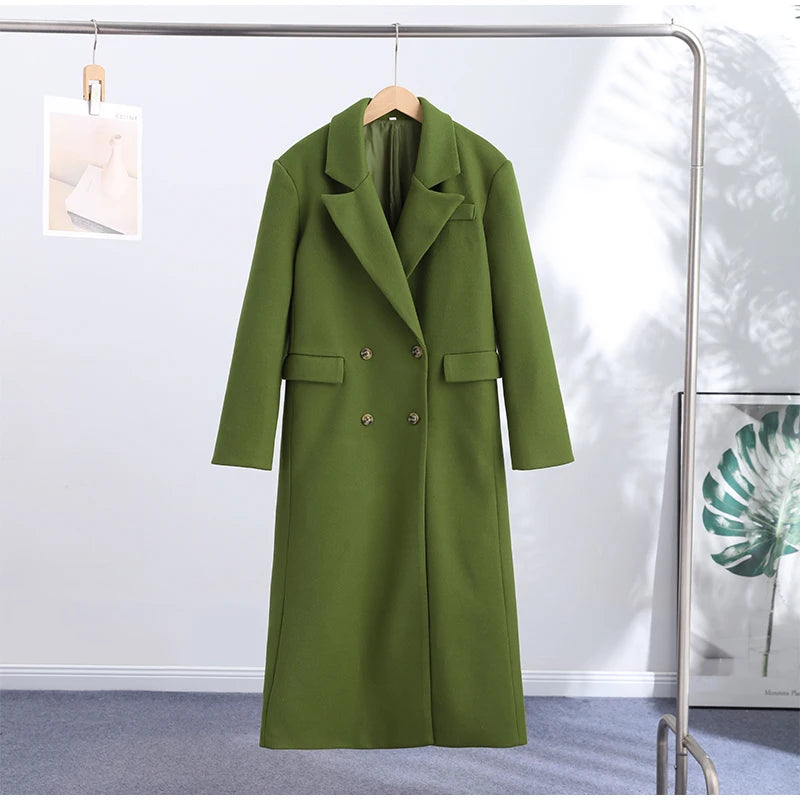 Chic Women's Woolen Overcoat Autumn Winter Solid Lapel Double Breasted Long Sleeve Long Coat 2026 Elegant Lady Street Outwear