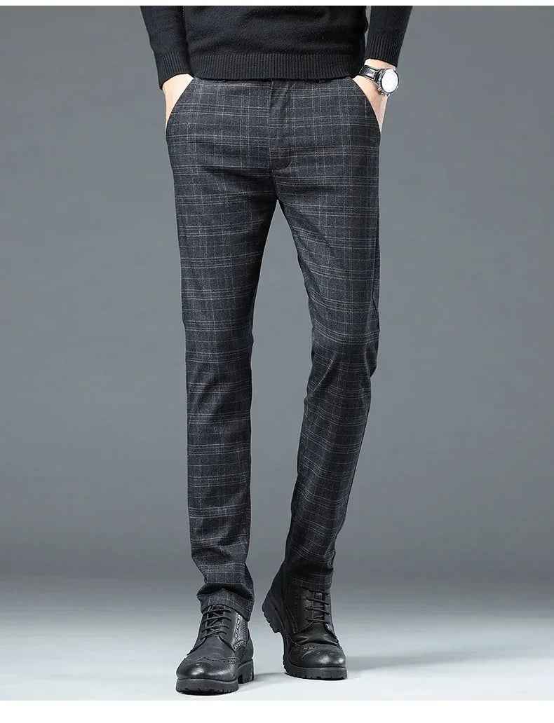 Business Men Pants Spring Autumn Korea Cotton Comfortable Elastic Plaid Casual Fashion Trousers Male Clothing Suit Pant