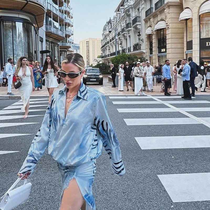 Fashion Lace Patchwork Women's Dress Turn-Down Collar Long Sleeve Waist-Closed Side Split Zebra-Stripe 2026 Summer Female Robe