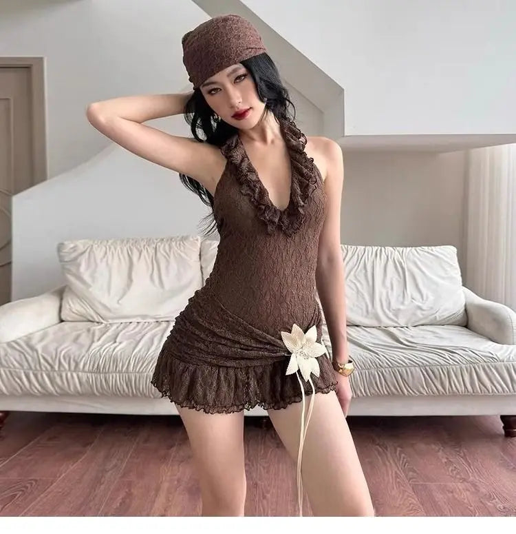 Sexy retro vacation ruffle edge deep V halter neck dress female slim slim slim skirt