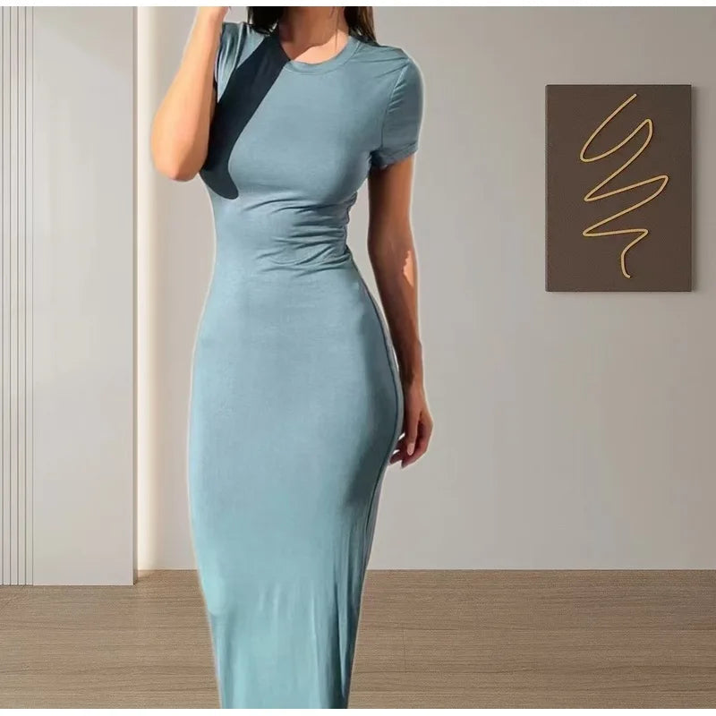 2026 Spring Summer European American Women's Solid Color Slim Fit Waist Hugging Elegant Short Sleeve Fashion Dress
