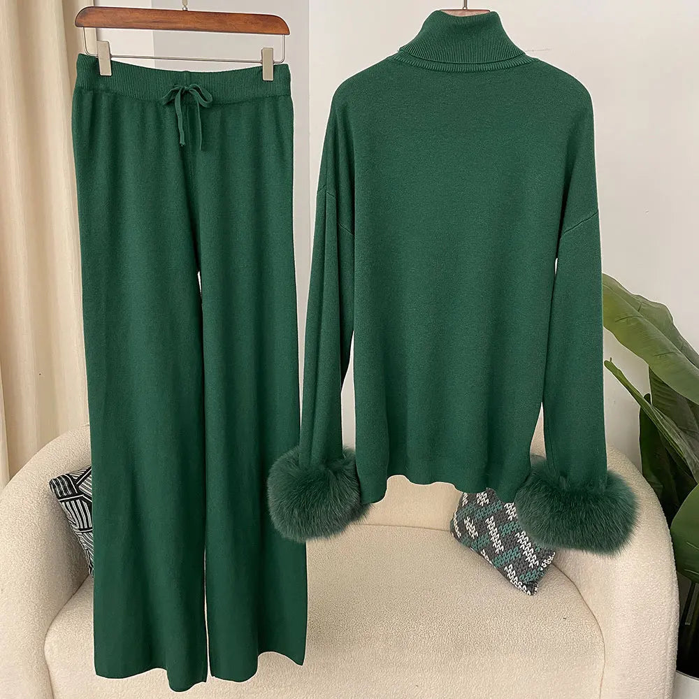 2024 New Fashion Autumn Winter Natural Real Fox Fur Cuffs Coat Knitted Sweater Women Long Pants Set Jacket Thick Warm