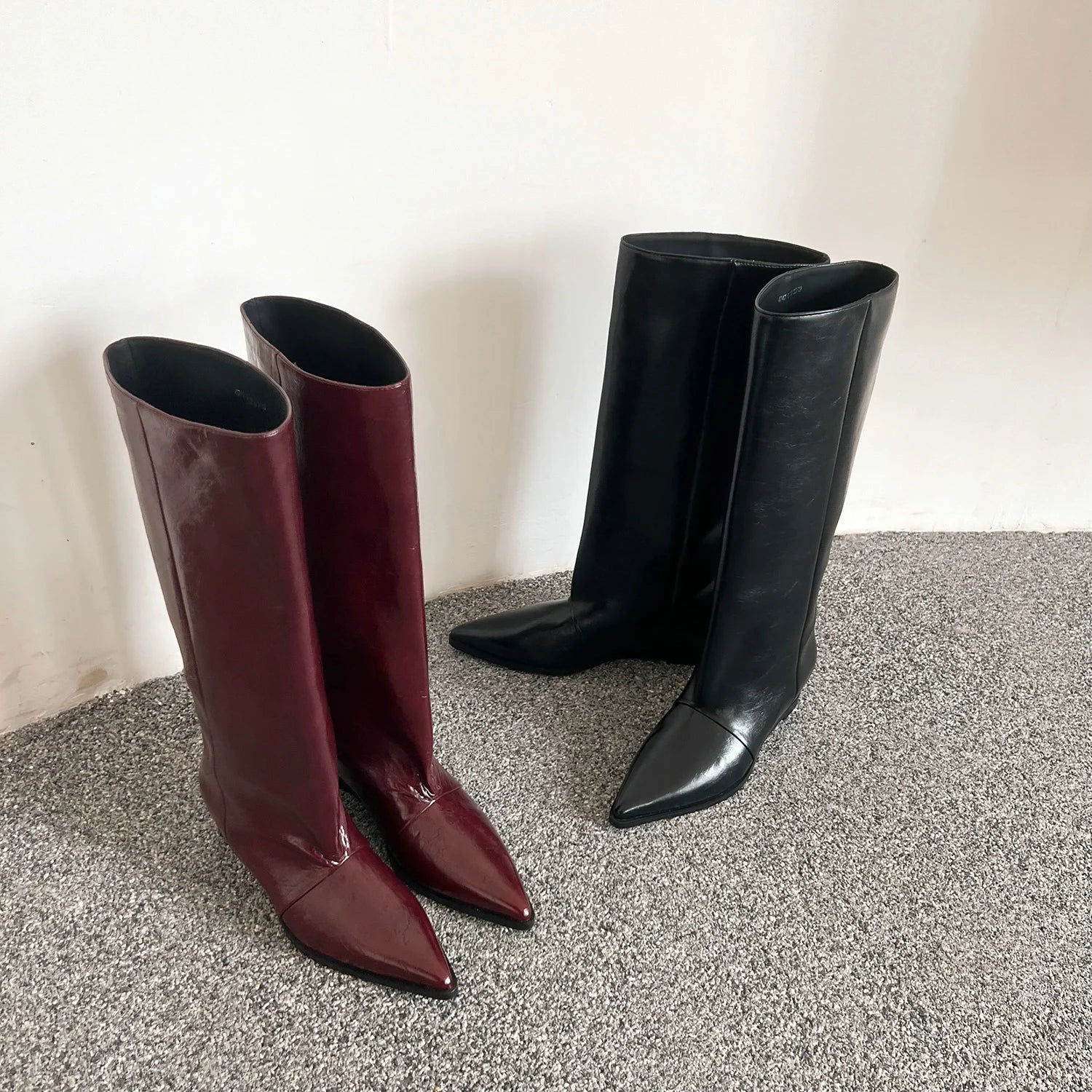 QUTAA 2025 News Women Knee High Boots Leather Wedge Heels Autumn Shoes Pointed Toe Woman Winter Party Lady Long Boots Size 34-40