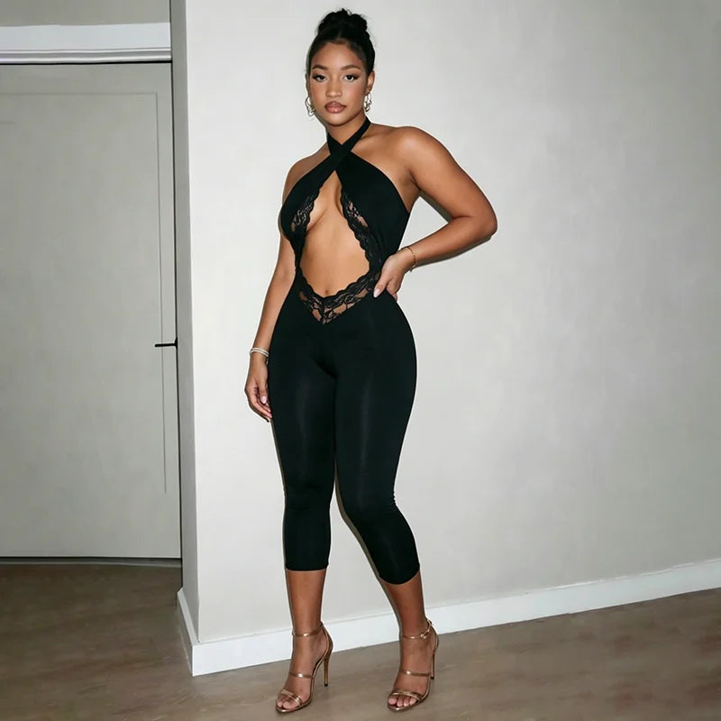 Sexy spicy girl style solid color hollow neck strap seven part jumpsuit