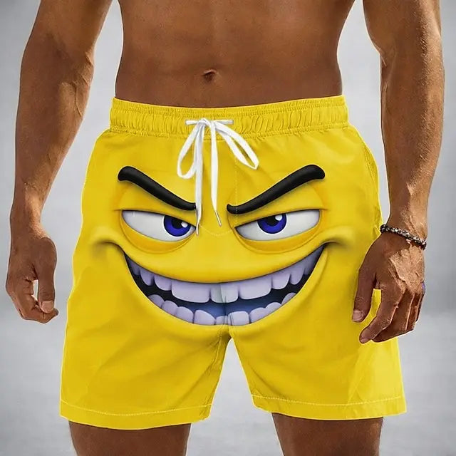 Men's Optical Illusion 3D Cartoon Smile Face Swim Trunks Swim Shorts Board Shorts Mid Waist Hawaiian Beach Shorts Vacation Wear