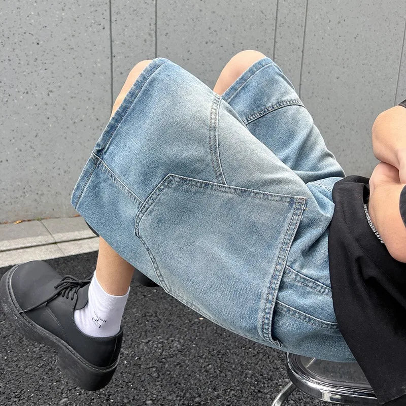 2026 Summer New Baggy Denim Shorts Fashion Casual Straight Harajuku Jeans Male Vintage Wash Drawstring Short Pants Streetwear