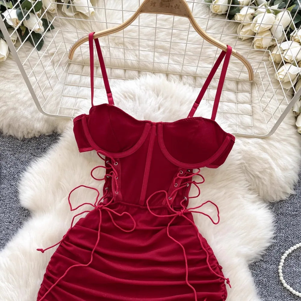 Foamlina Ins Sexy Hollow Out Sling Dress with Exposed Waist Bandage Pleated Slim Fit Bodyocn Girl's Photo Date Short Dress