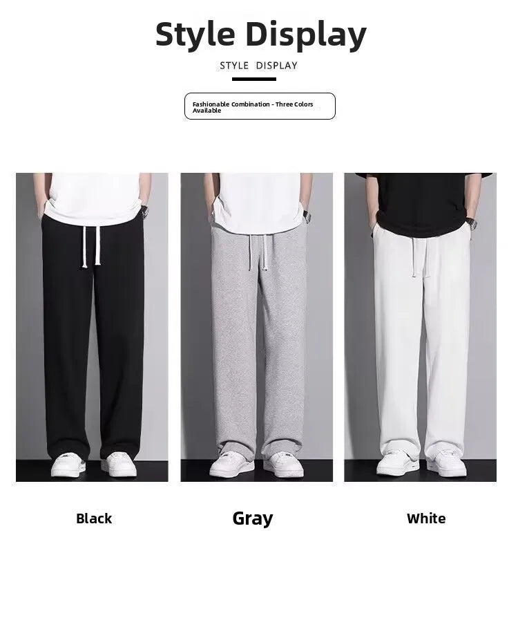 Men's Casual Straight Leg Drawstring Sweatpants Versatile Leisure Long Trousers Student Sports Pants Polyester Fiber Elastic
