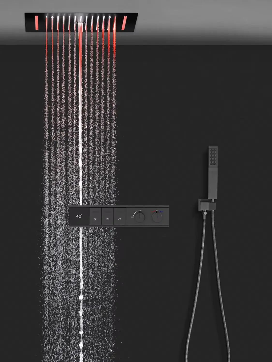 Digital Shower Set Ceiling Rain Shower Head LED Black Thermostatic Mixing Valve