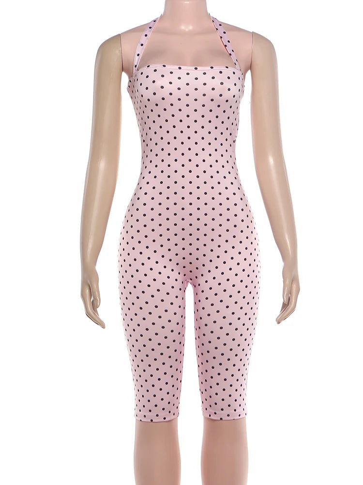 Weird Puss Sexy Backless Rompers Woman Polka Dot Print Bandage Halter Sleeveless Skinny Peach Hip High Street Fashion Playsuits