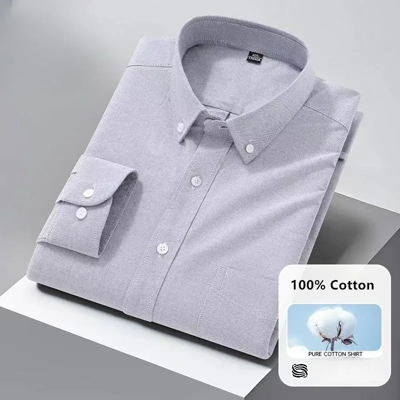 High Quality Men's Dress Shirts Long Sleeve Spring Autumn 100% Cotton Oxford Causal Stripe Social Slim White Man Clothing 5XL