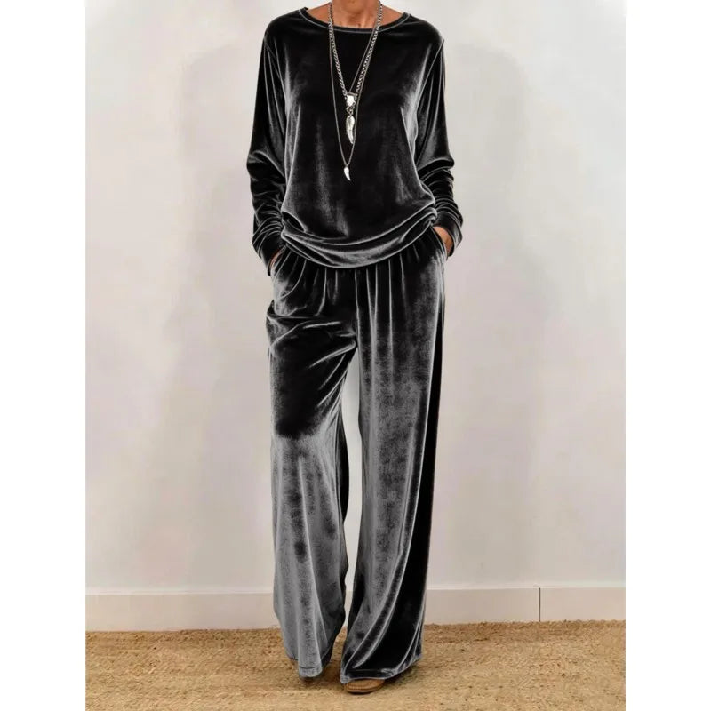 2026 Women Spring Autumn Velvet Two Piece Suit Fashion Solid Color O-Neck Top+Wide Leg Pants Set Ladies Loose Comfortable Outfit
