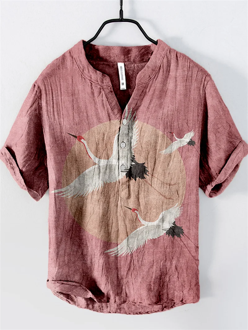 Men's Linen Comfortable Soft Men's Short Sleeve Shirt Hawaiian Fashion Splicing Print Stand Collar Button Shirt Summer Style
