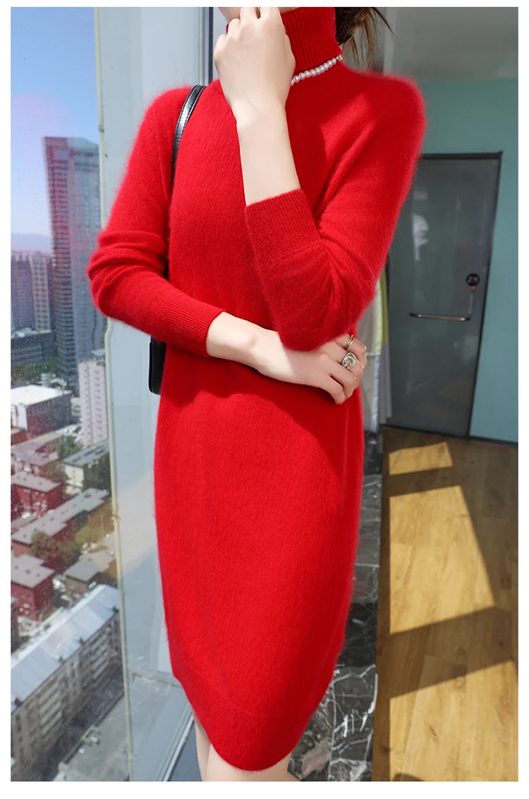 New Hot Selling 100% Mink Cashmere Knitted Women's High Neck Pullover Dress Sweater Slim Fit Solid Color Long Women's Dress