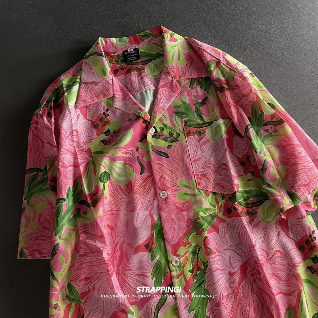 Pink Graffiti Floral Cuban Collar Hawaiian Shirts Women and Men Short Sleeve Button Up Vintage Beach Blusas Vocation Summer 2025
