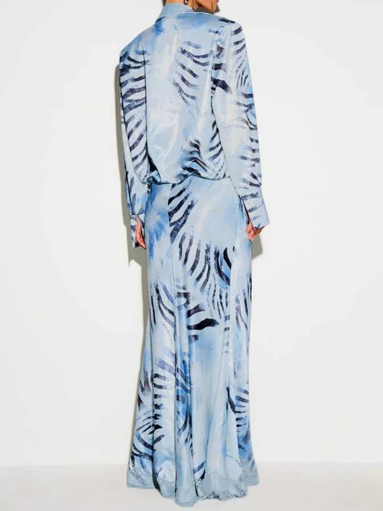 Fashion Lace Patchwork Women's Dress Turn-Down Collar Long Sleeve Waist-Closed Side Split Zebra-Stripe 2026 Summer Female Robe