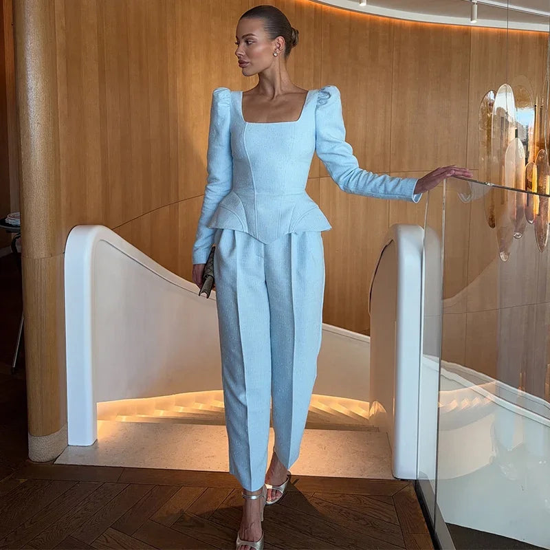 Casual Solid Woolen Top Pants Set Women Puff Full Sleeve Closed Waist Blouse Straight Trousers Sets 2026 Autumn Winter Lady Suit