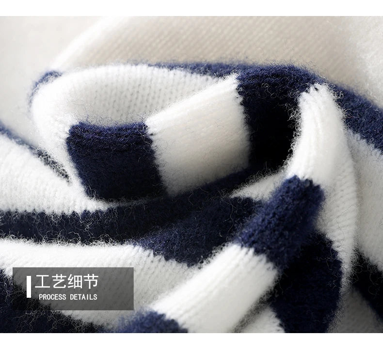 2024 Autumn/Winter New Round Neck 100% Pure Wool Sweater Men's Casual Loose Thick Sweater Striped Knitted Base Cashmere Sweaters
