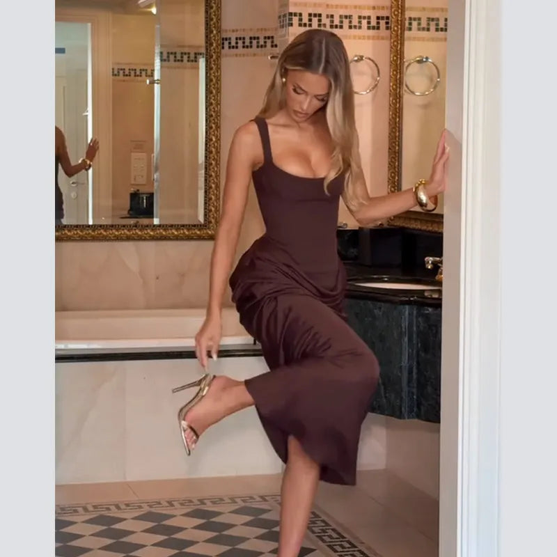 Elegant Yellow Strapless Pleated Long Dress Women Chic Solid Sleeveless Waist Cinching Split Gown 2026 Lady Evening Party Robes