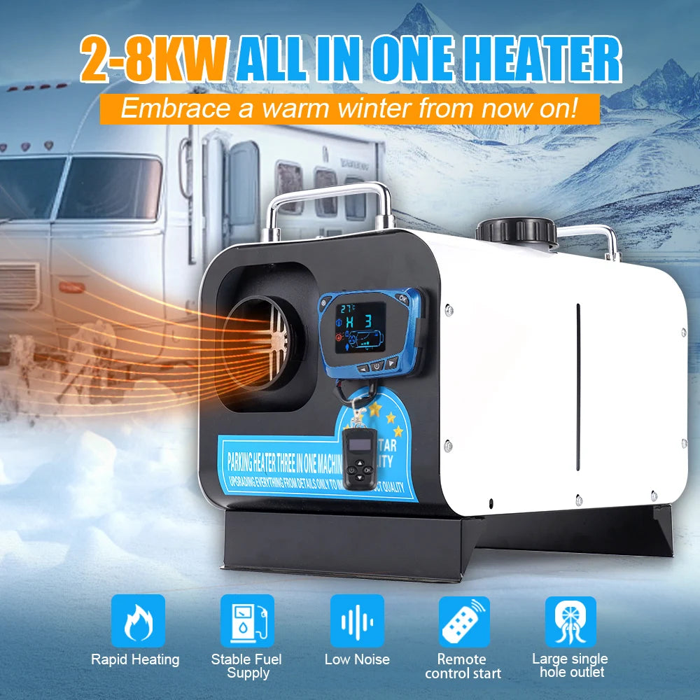 5/8KW Diesel Air Heater 12V/24V/220V Three-in-one White Horizontal Car Heater for Car Truck Boat RV Parking Diesel Heater