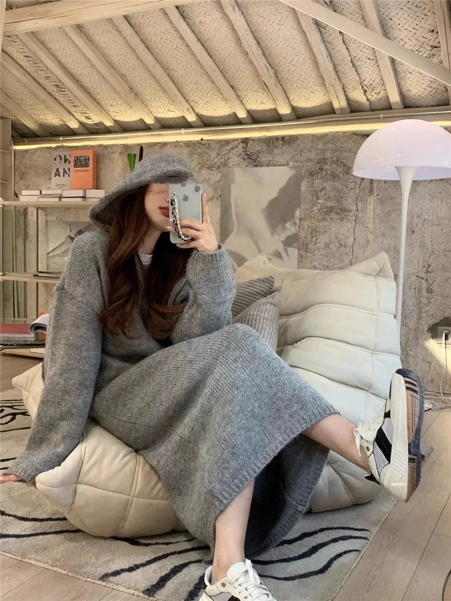 Korean style autumn hooded cashmere sweater long sweater dress loose women's knitted woolen hoodie
