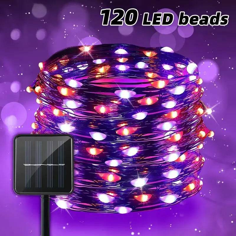 45.93ft 120LED Halloween Purple Orange LED Solar Fairy Lights Outdoor Waterproof Hanging Garden Light Fence Terrace Porch Decor