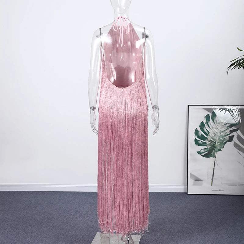 Party Women's Dress Halter Sleeveless Backless Tassel Solid Female Long Holiday Dresses 2026 Summer Fashion Elegant Lady Robe