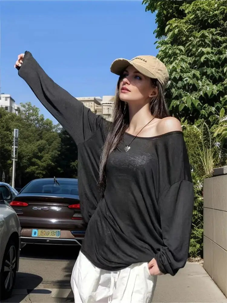 Sexy Sheer Baggy T-shirt for Women 2026 Summer Casual Fashion Loose Pullovers Chic Lazy Solid Color Off Shoulder Top Streetwear