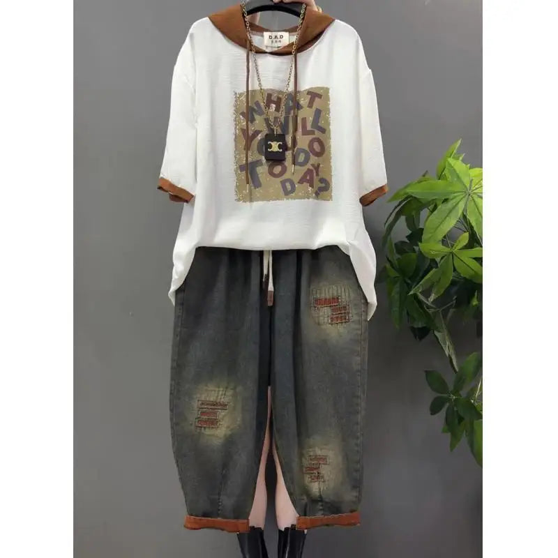 Vintage Plus Size Jeans Set Women's Two-Piece Outfit Casual Suit Denim Pants  Ladies Hooded T-Shirt Printed Jeans Sets
