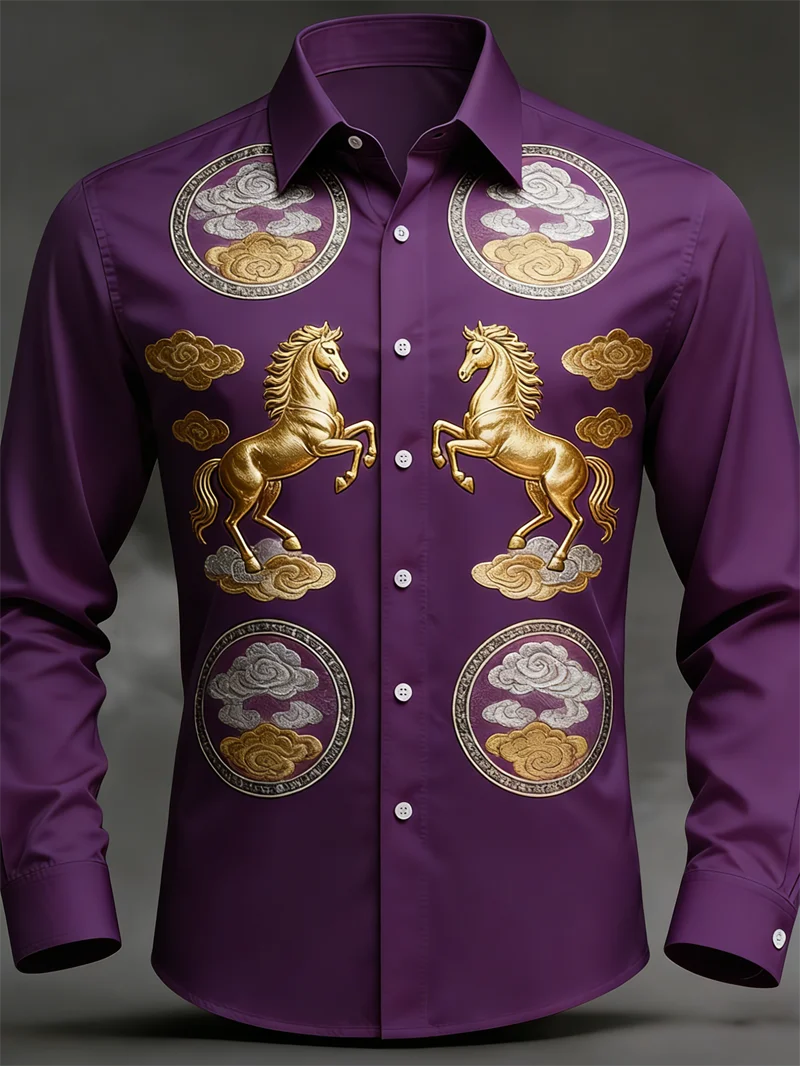 New Men's Long Sleeved Shirt Casual Button Lapel 3D Printed Horse Pattern Luxurious Men's Top Soft and Comfortable