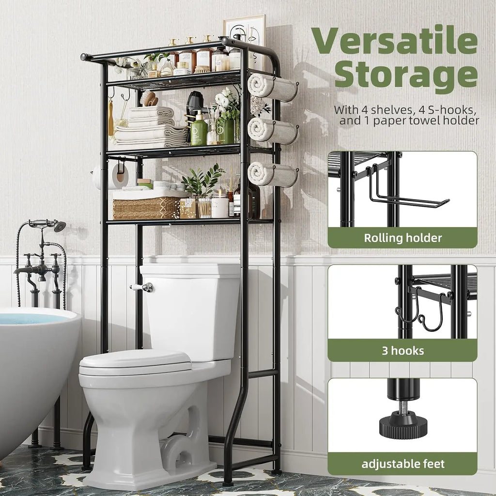 3-Tier Over Toilet Storage Cabinet, Metal Bathroom Shelf with Paper Holder & Hooks, Black