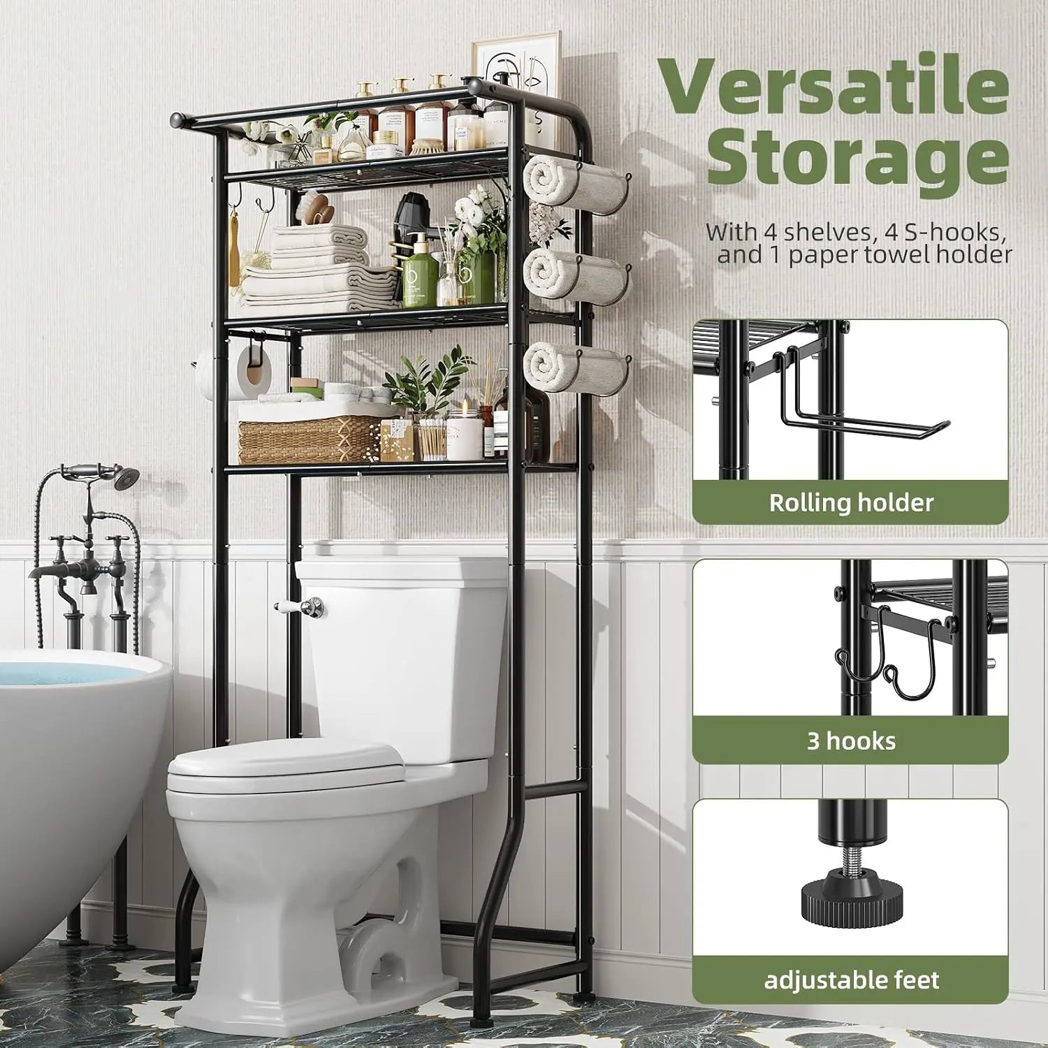 3-Tier Over Toilet Storage Cabinet, Metal Bathroom Shelf with Paper Holder & Hooks, Black