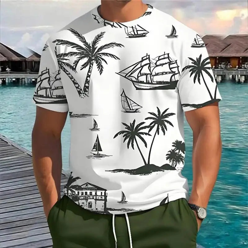 2025 Summer New Men's Short-sleeved Top Palm Tree Print T-shirt Fashion Vacation Beach Casual Pattern