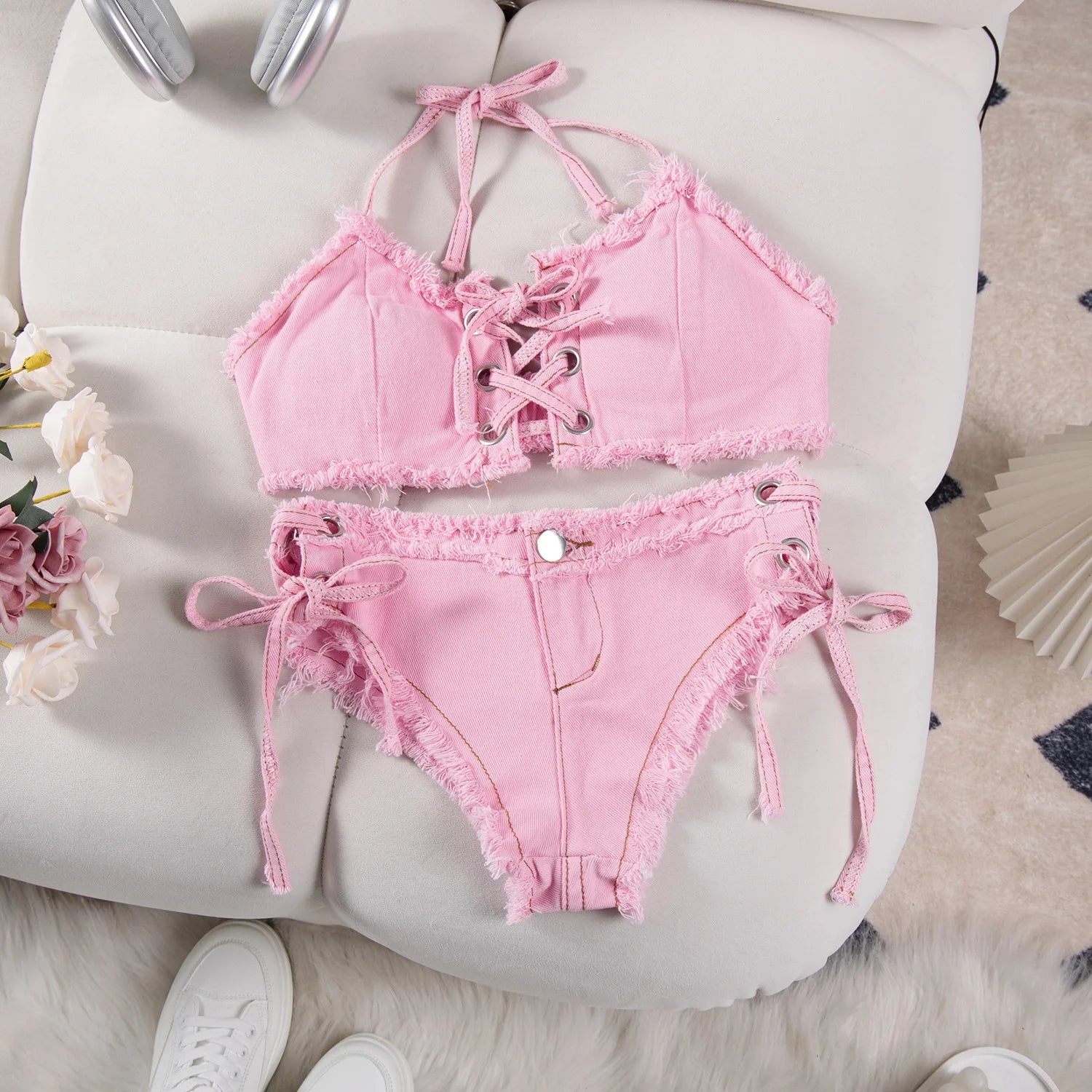 DEKA Retro Women Bikini Denim Suits Summer Halter Camis+ Mini Pant Lingerie Fashion Vacation Swimsuits Sexy Bra&Briefs Sets