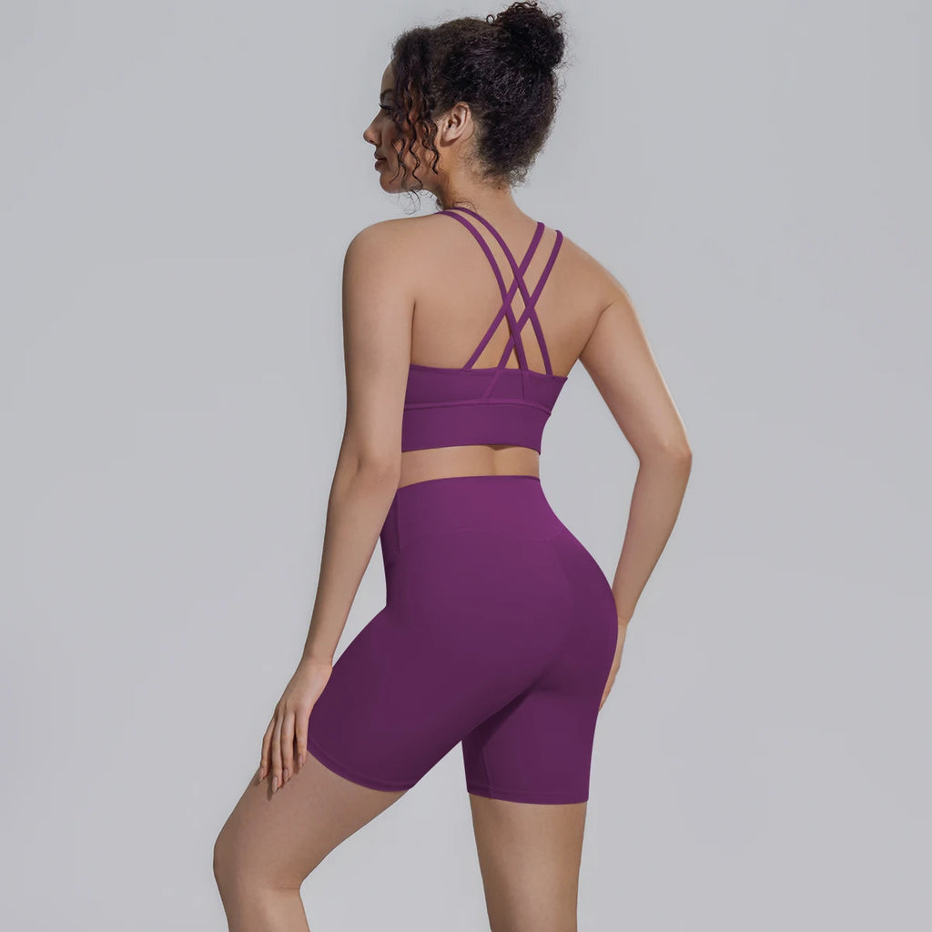 2PCS/set Yoga Set Summer Breathable Running Cycling Backless Sports Bra High Waist Peach Buttocks Fitness Shorts Gym Yoga Set