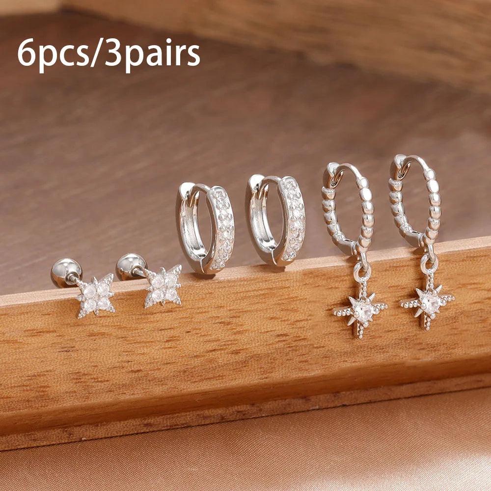 3 Pairs Stainless Steel Zircon Hoop Earrings Set Trendy Twinkle Star Ear Stud Earring Jewelry Prevent Allergy Party Accessories