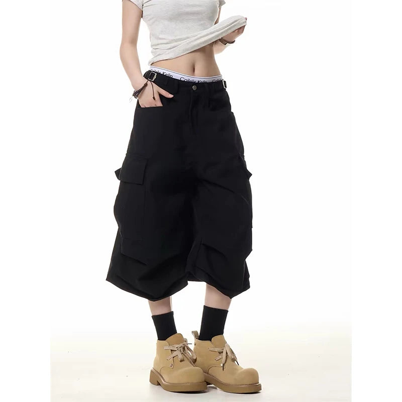 ZHIZOU Summer Women American Retro Black Jeans Shorts Y2K 2000s Harajuku Baggy Cargo Denim Shorts Streetwear High Street New
