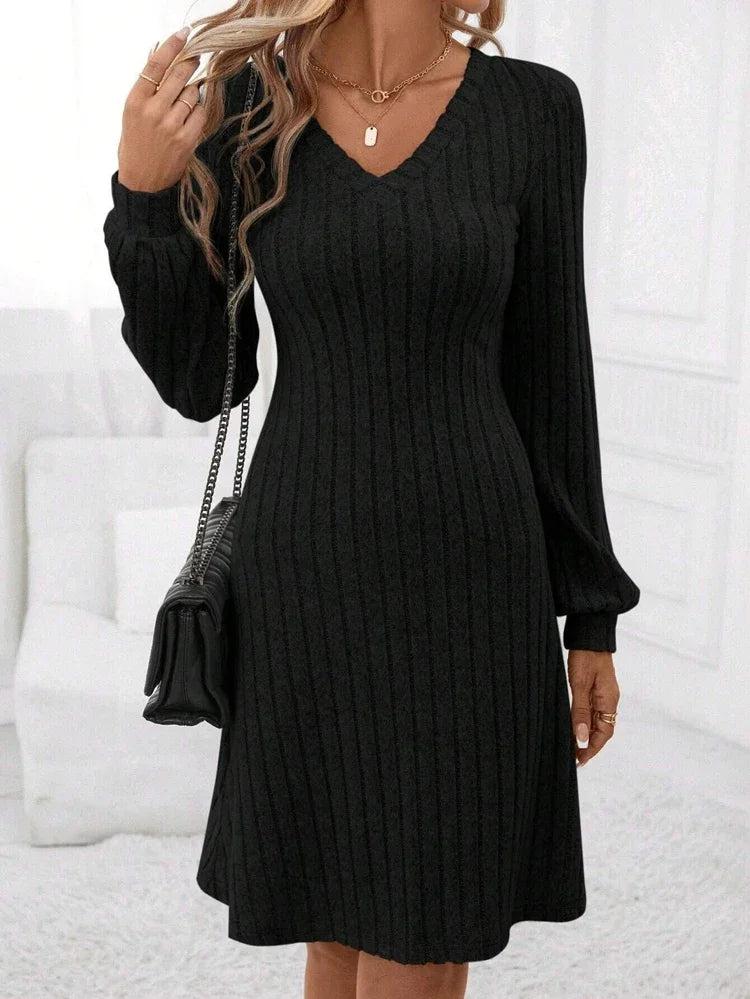 Solid Color Long Sleeve Knitted Ribbed Women Mini Dress Winter Warm V-neck Pit Stripe Dresses Casual Party Vacation New Clothes