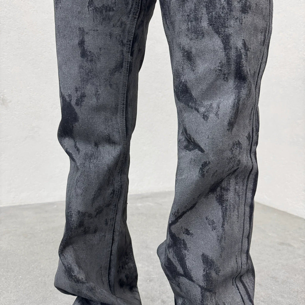 Men's Tie Dye Flared Denim Jeans Washed Handmade Brushed Wax Coating Casual Jean Pants Y2k Streetwear Slim Fit Bootcut Pants