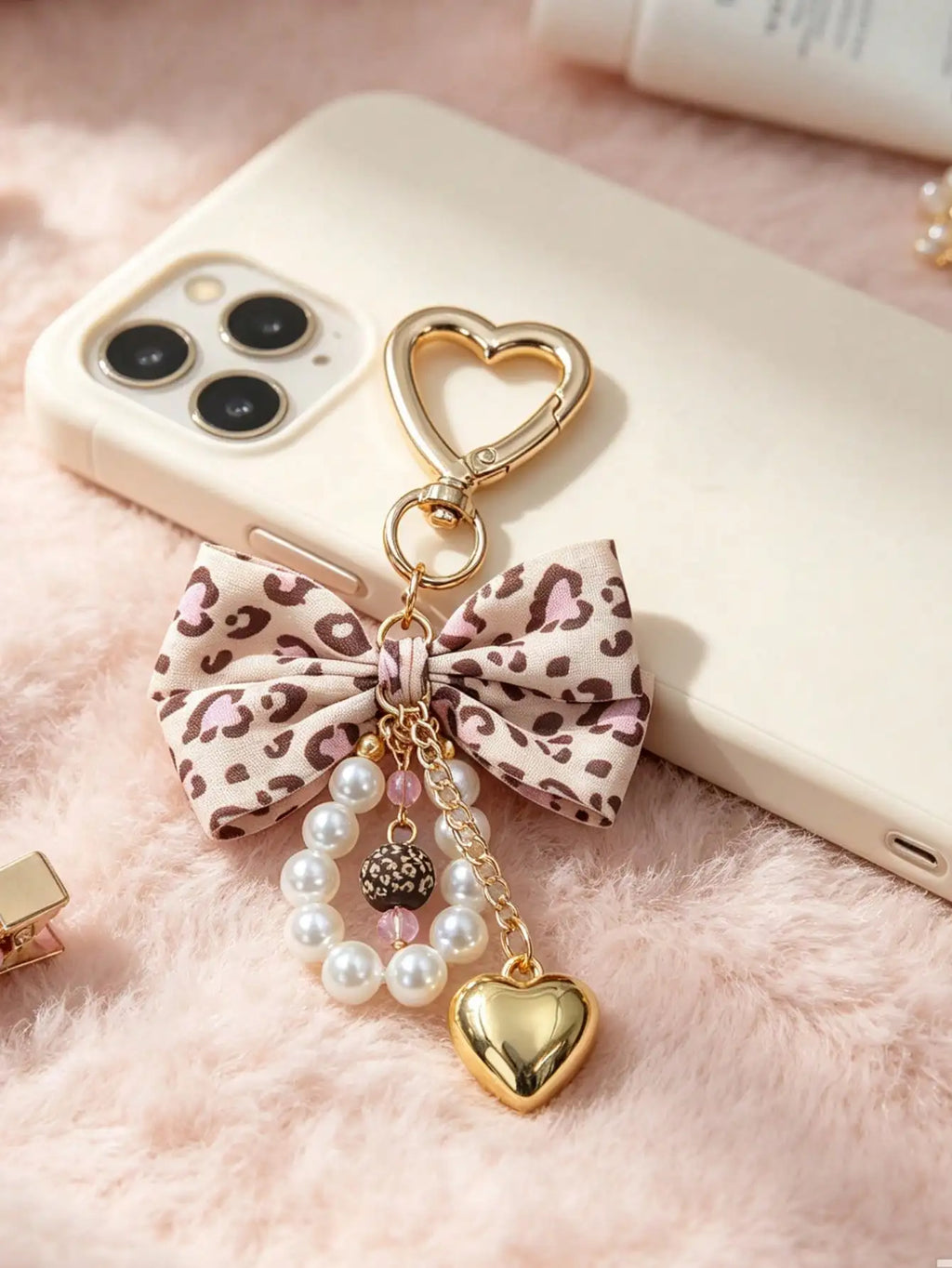 Leopard Print Bow Keychain Heart Pendant Women's Bag Simple Charm Pearl Keychain Beaded Charm Gift For Women