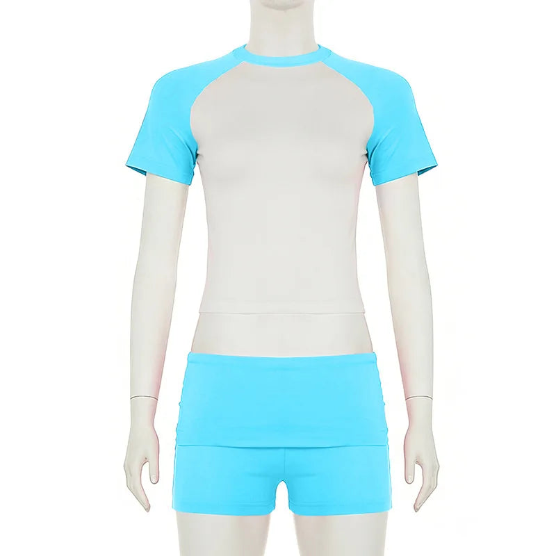 Women's Colorblock 2 Piece Outfit Set Raglan Sleeve Crop Top High Waist Foldover Waistband Biker Shorts Casual Sporty Loungewear
