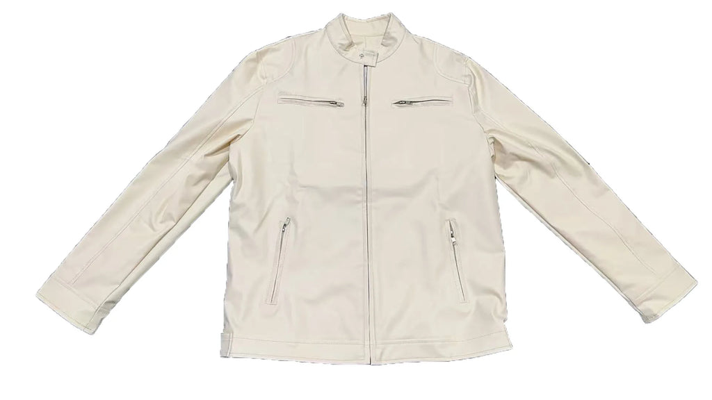 Winter Stand Collar Zip-Up Pocket PU Leather Jacket Men's Slim Business Casual