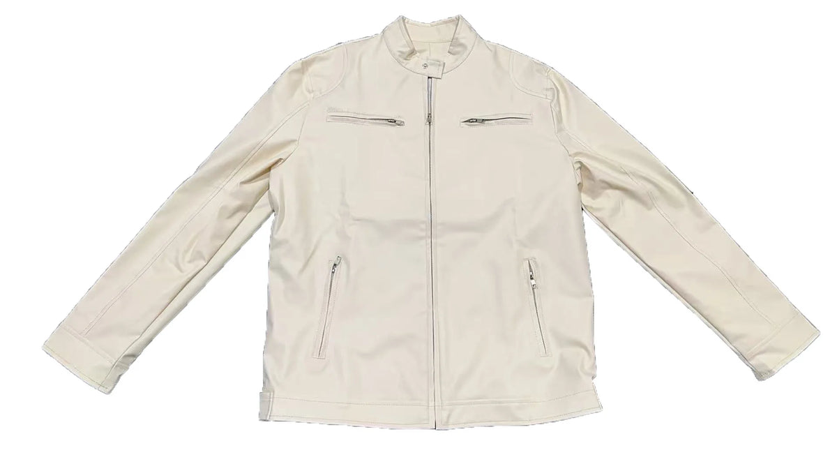Winter Stand Collar Zip-Up Pocket PU Leather Jacket Men's Slim Business Casual