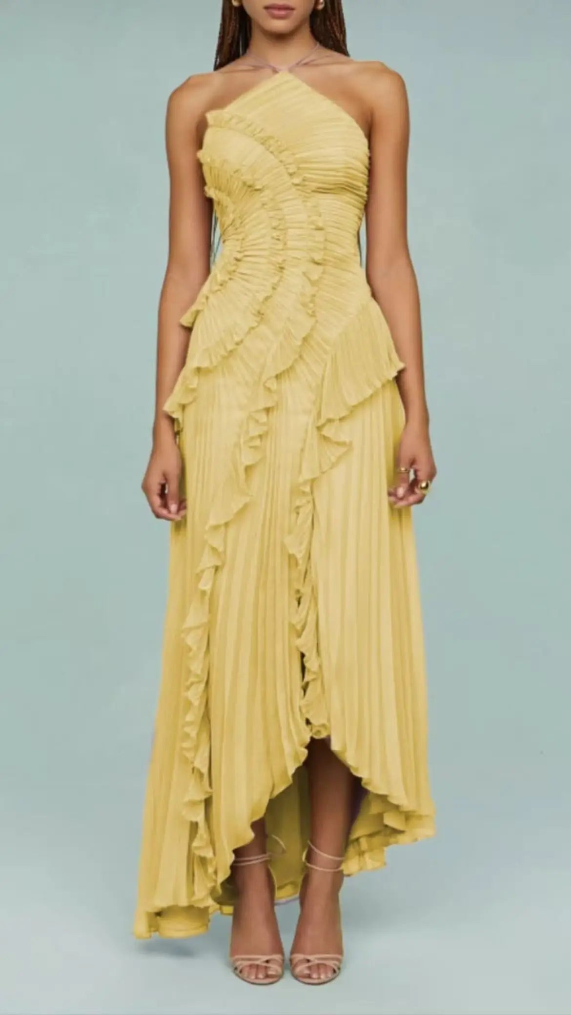 Bohemian Blue Pleated Halter Maxi Dress Women Gentle Sleeveless Asymmetric Ruffles Vestido Romantic Dinner Date Night Gowns 2026